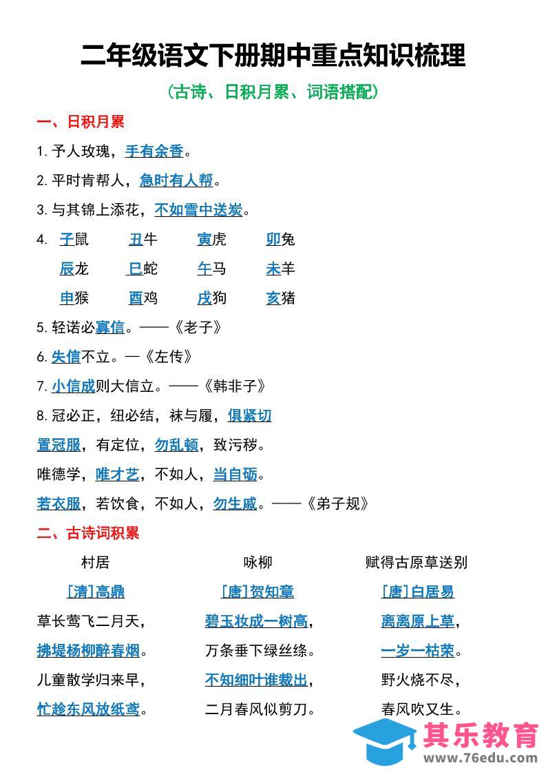 图片[1]-二年级语文下册期中重点知识梳理6页-985文库