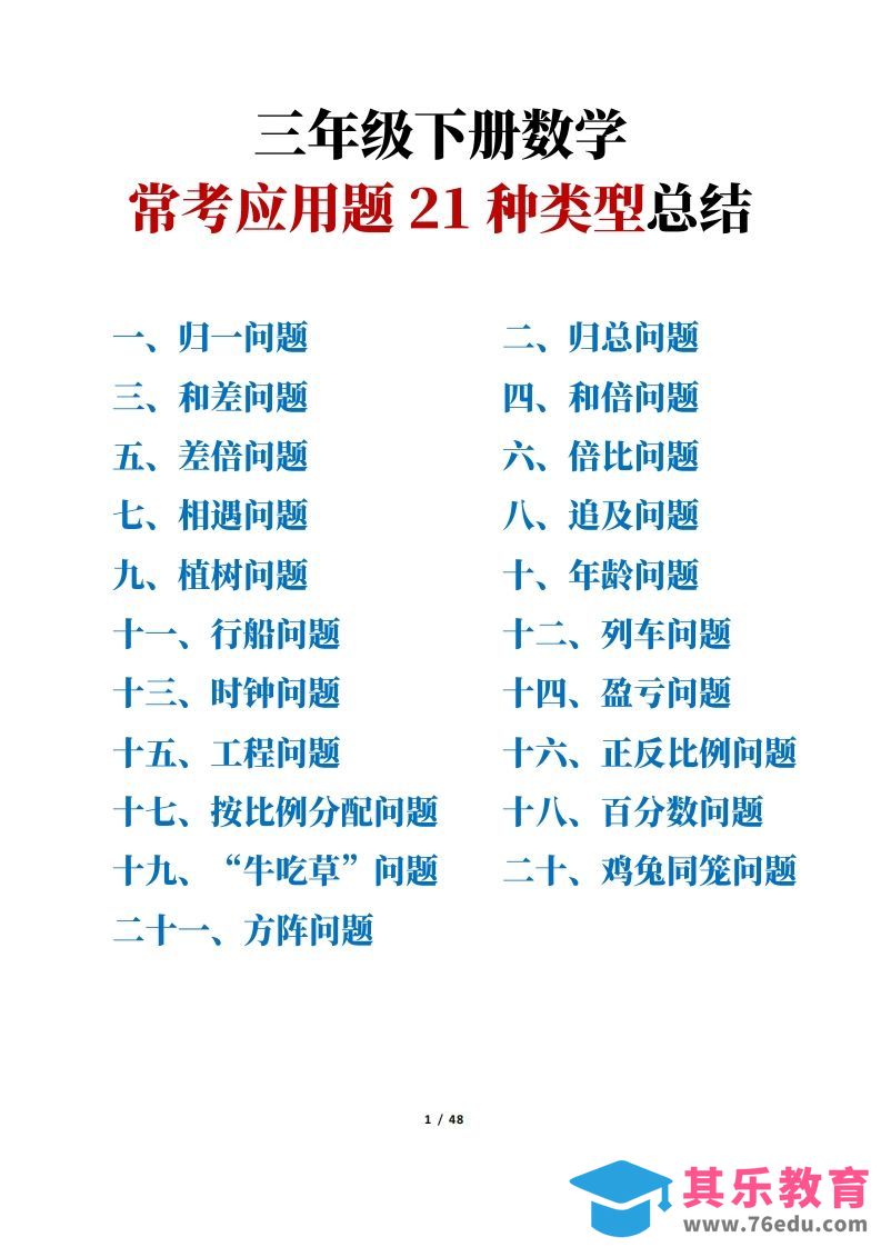 图片[1]-三年级下册数学常考应用题21种类型总结(附例题、解题思路)-985文库