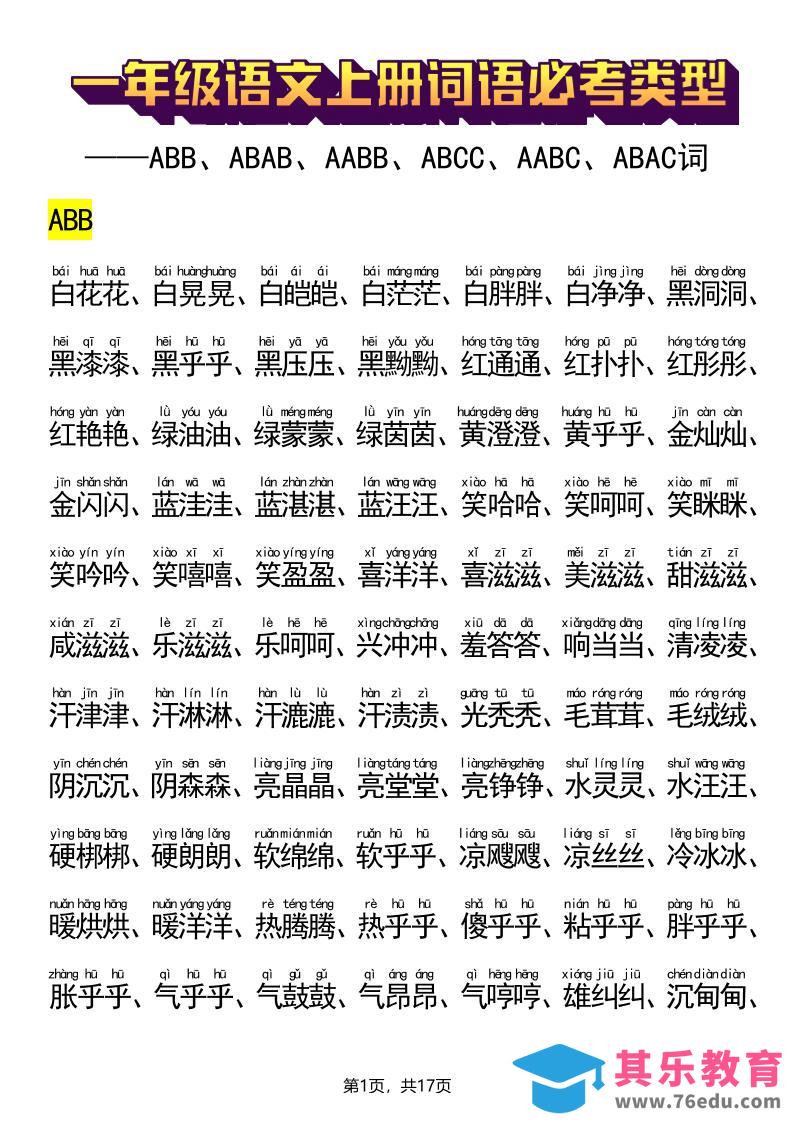 图片[1]-新一上语文词语必考类型(ABB、ABAB、AABB、ABCC、AABC、ABAC、ABCB类词语)17页-985文库