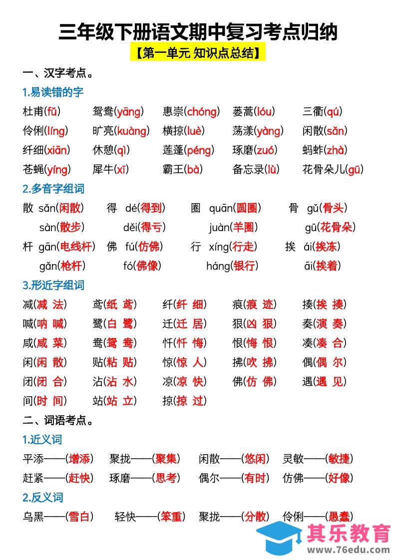 图片[1]-三年级下册语文期中复习考点归纳-985文库