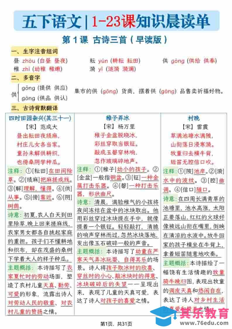 图片[1]-五年级下语文1-23课寒假预习每课知识晨读单-985文库