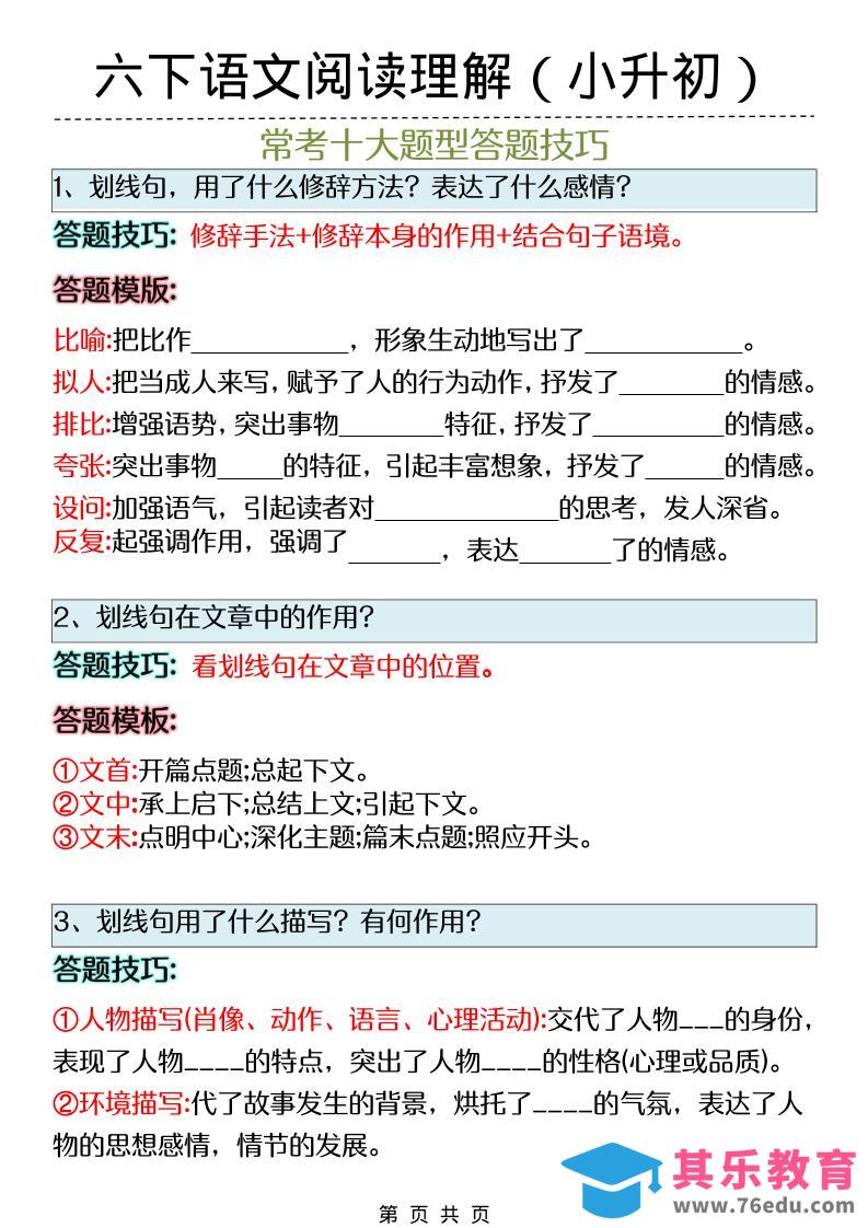 六年级下语文阅读理解答题技巧（小升初）-高考之家