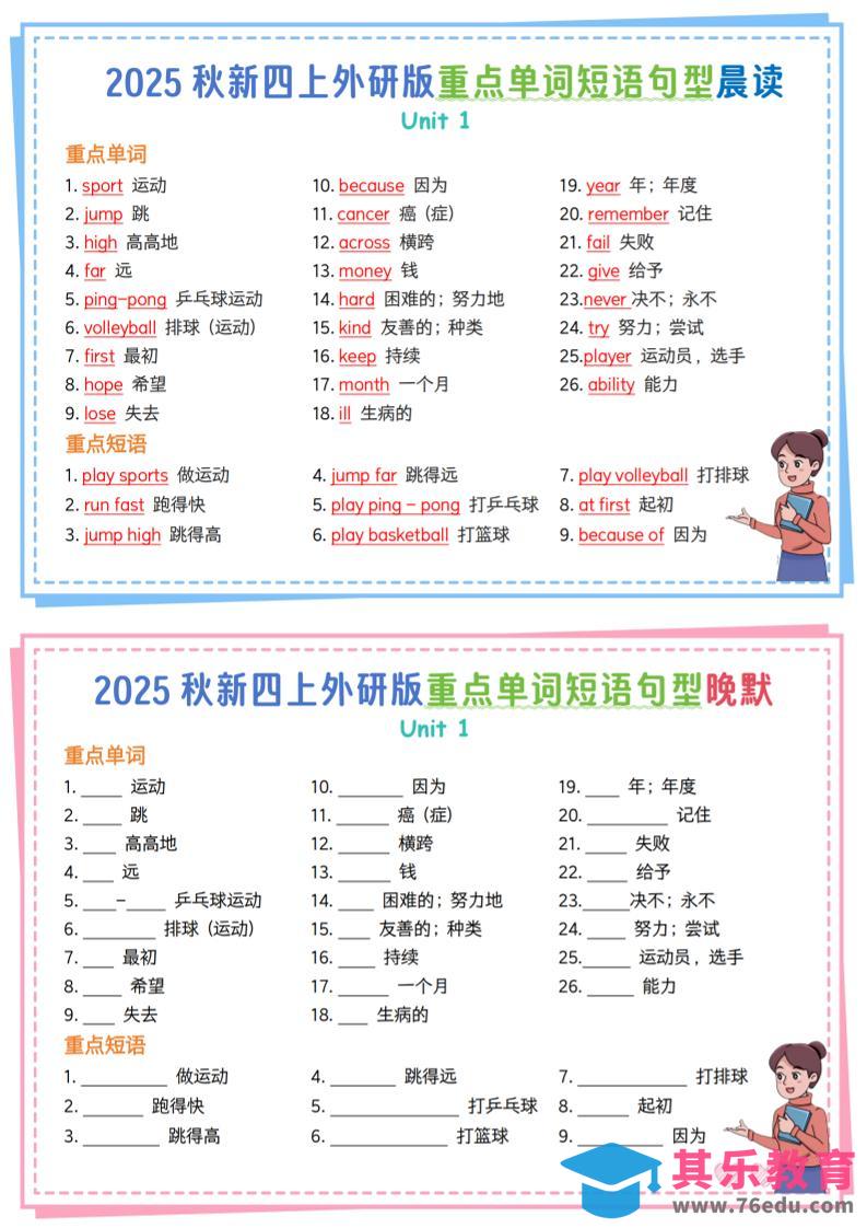 图片[1]-新四上外研英语重点单词短语句型晨读晚默13页-985文库