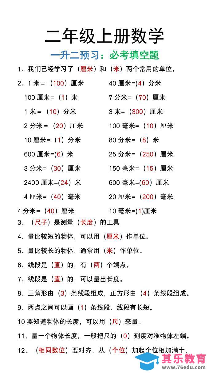 图片[1]-二年级上册数学暑假预习必做《重点填空题》-985文库