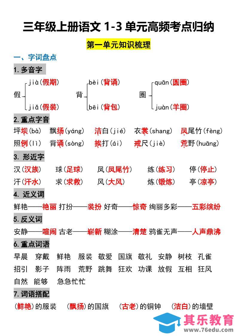 图片[1]-三年级上册语文1-3单元高频考点梳理-985文库