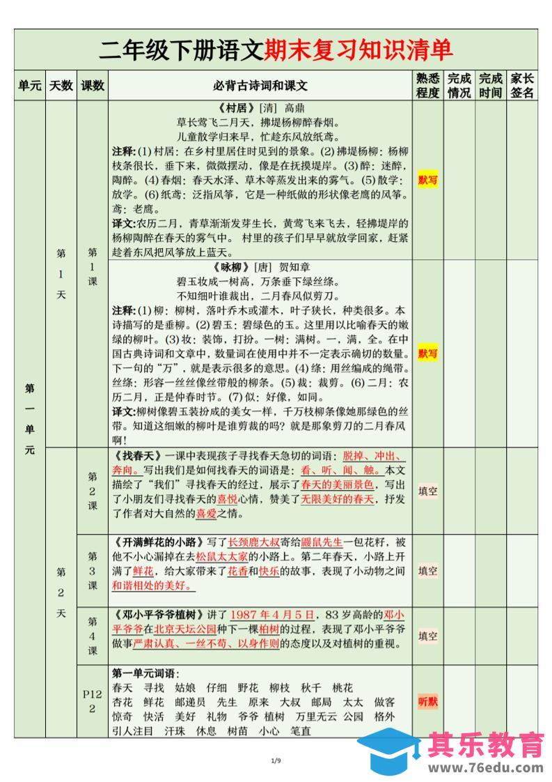 图片[1]-二年级下语文期末复习计划清单-985文库