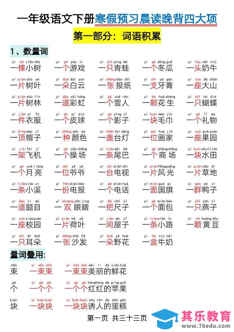 图片[1]-一年级下语文寒假预习-晨读晚背四大项-985文库