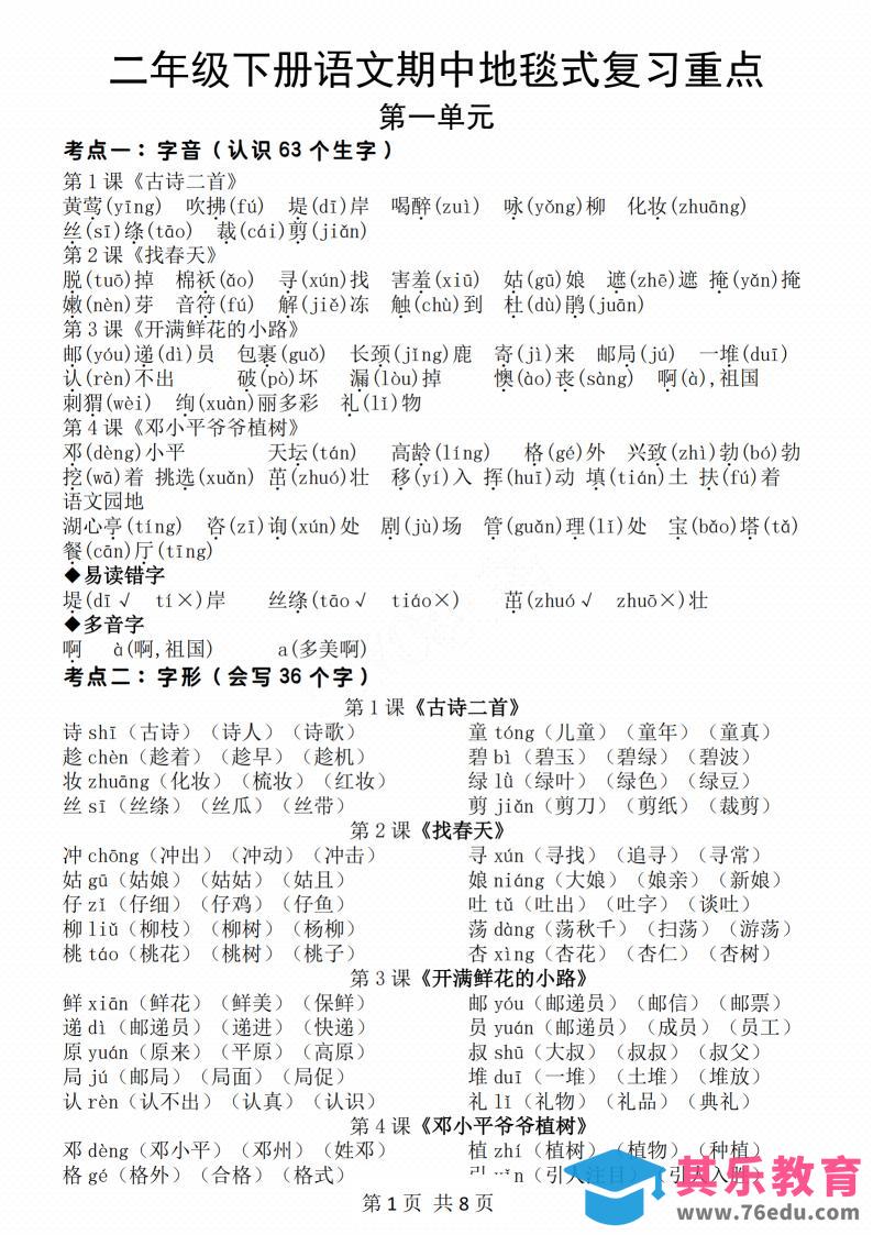 图片[1]-二年级下册语文期中地毯式复习重点8页-985文库