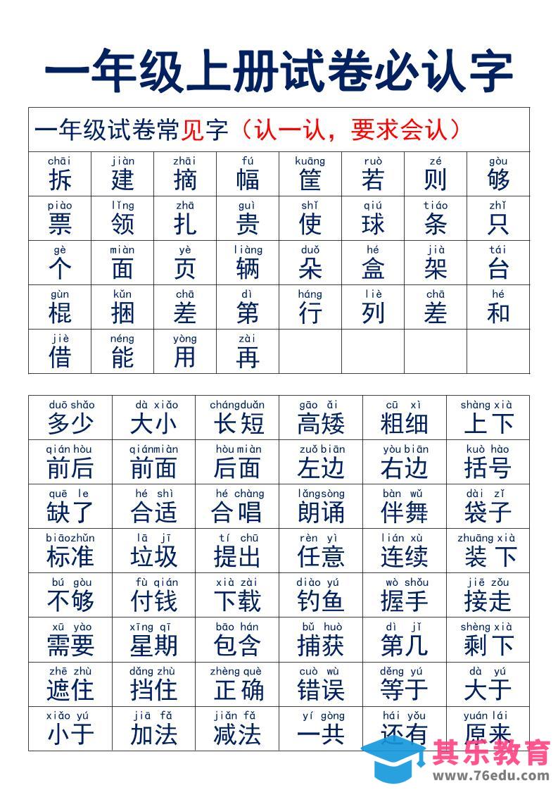图片[1]-一年级上语文试卷必认字-985文库