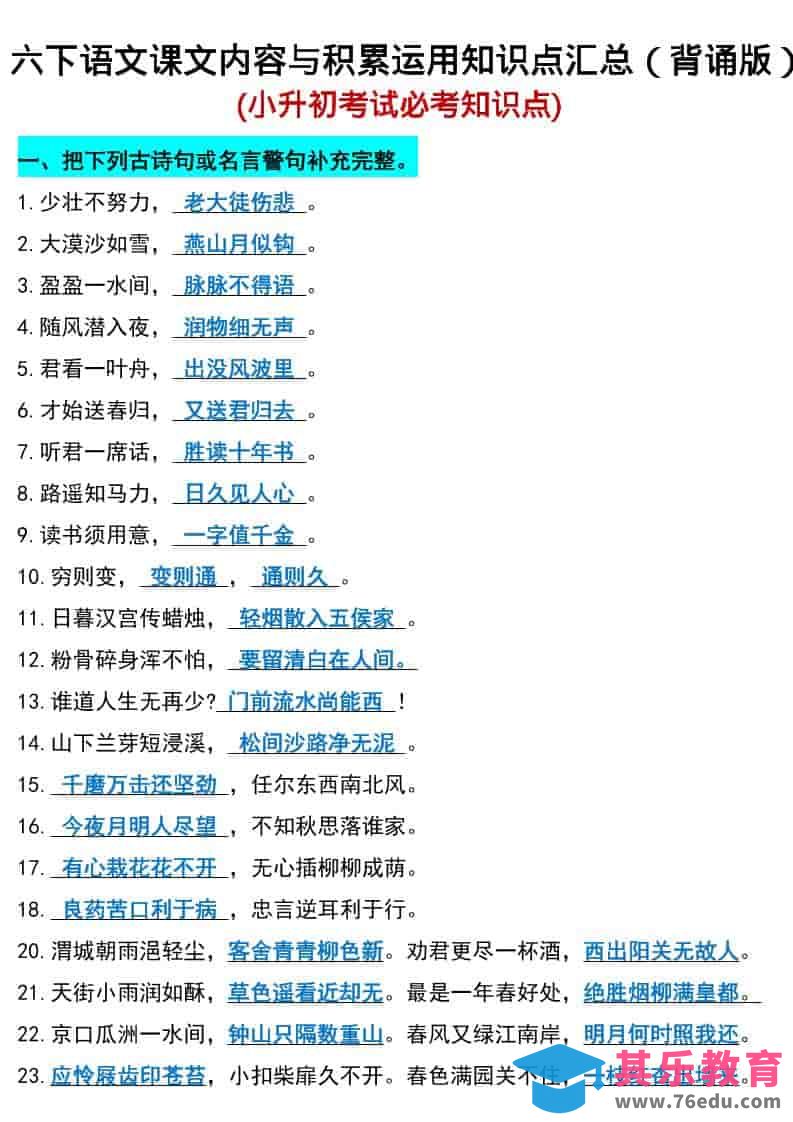 六年级下语文小升初期末必考知识点-高考之家