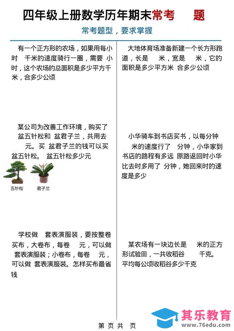 图片[1]-四年级上数学历年期末常考应用题40题-985文库