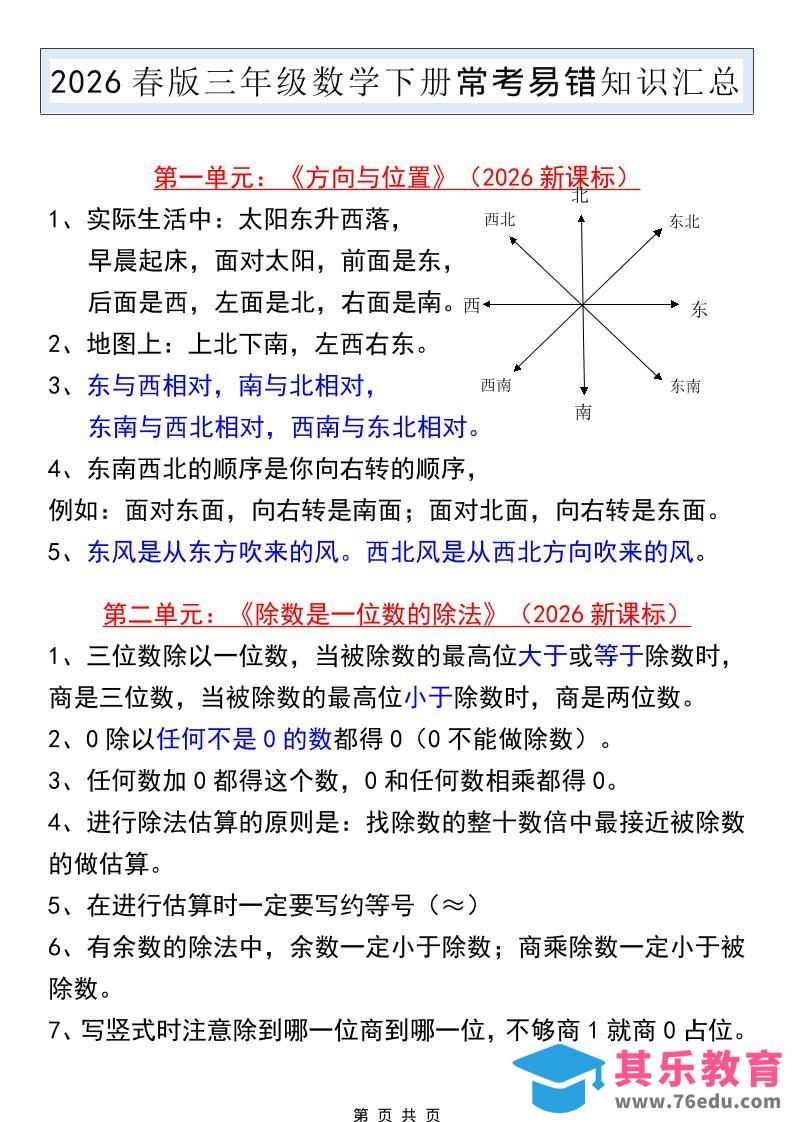 图片[1]-三年级下数学常考易错知识汇总《人教版》-985文库
