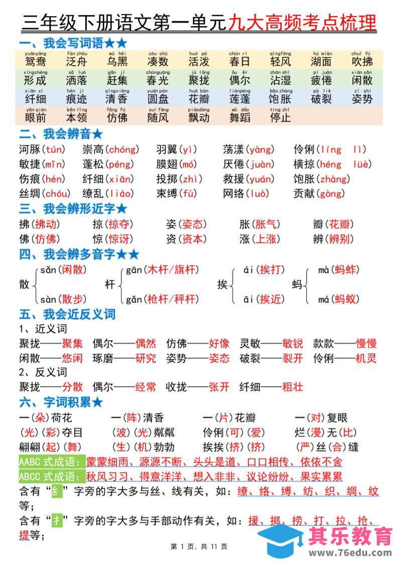 图片[1]-三下语文期中复习1-4单元高频考点梳理（11页）-985文库
