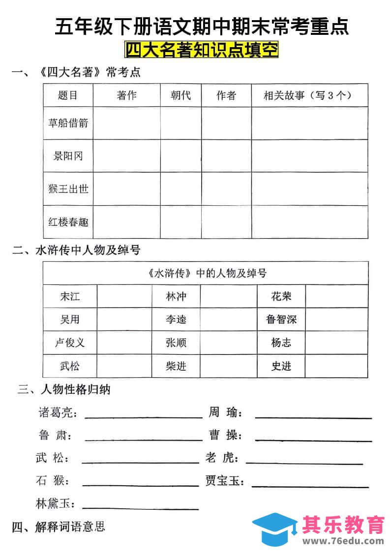 图片[1]-五年级下语文四大名著知识点填空-985文库