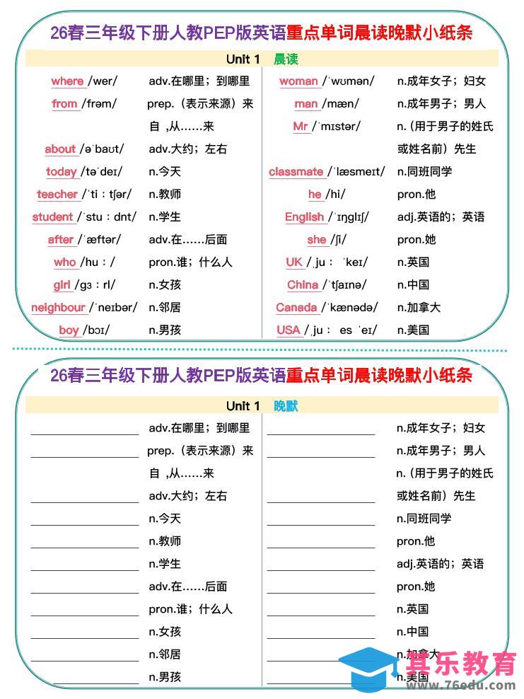 图片[1]-三年级下英语26春单词晨读晚默小纸条《人教版PEP》-985文库