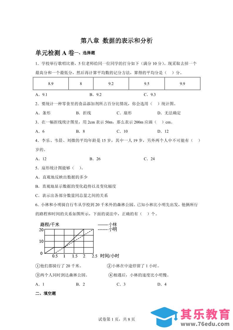 图片[1]-五下数学第八章数据的表示和分析单元检测（A卷）-985文库