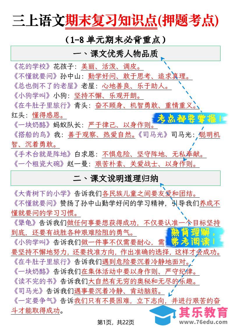 图片[1]-三年级上语文期末复习知识点(押题考点)-985文库