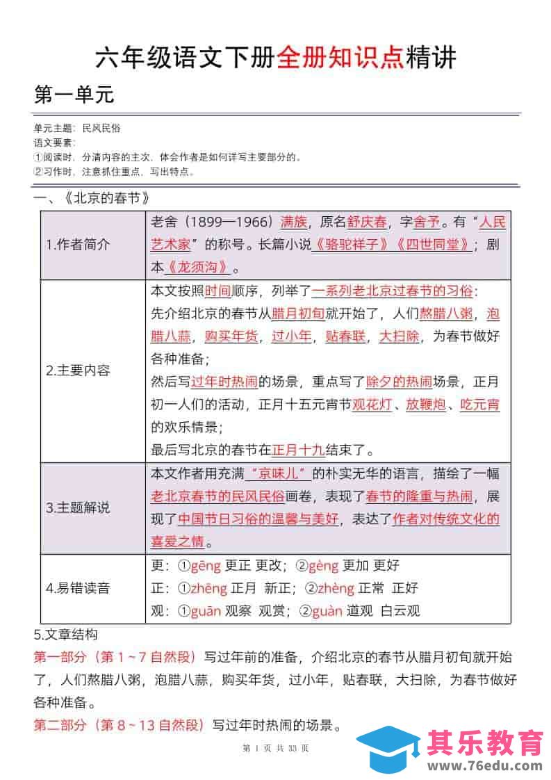 六年级下语文全册知识点精讲33页-高考之家