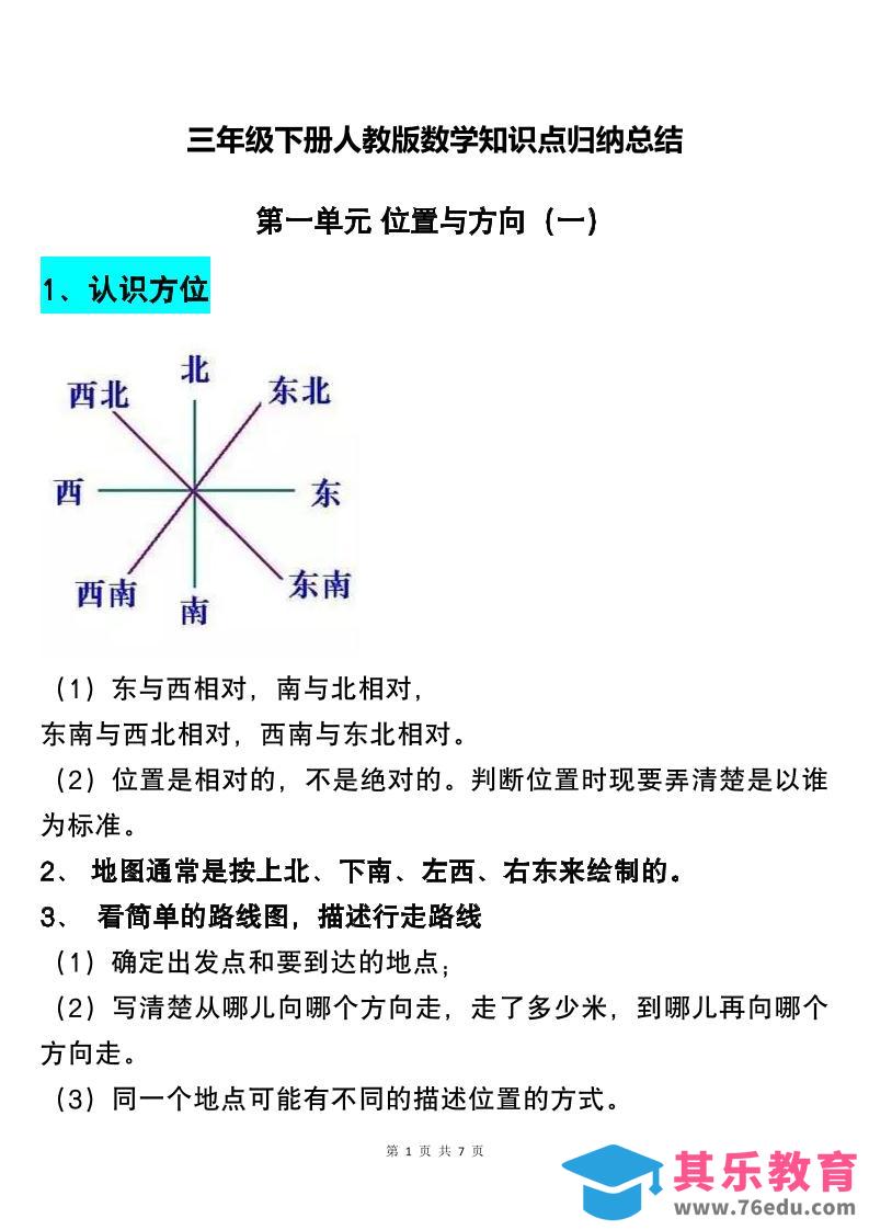 图片[1]-三下人教版数学知识点归纳总结-985文库