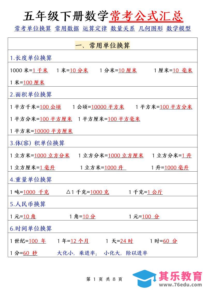 图片[1]-五下数学（通用版）常考公式汇总-985文库