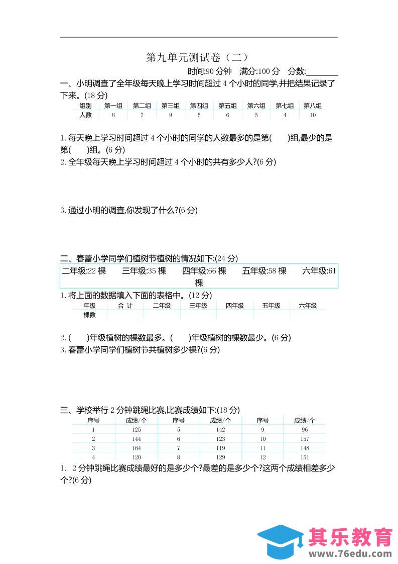 图片[1]-三下苏教版数学第九单元检测卷-2-985文库