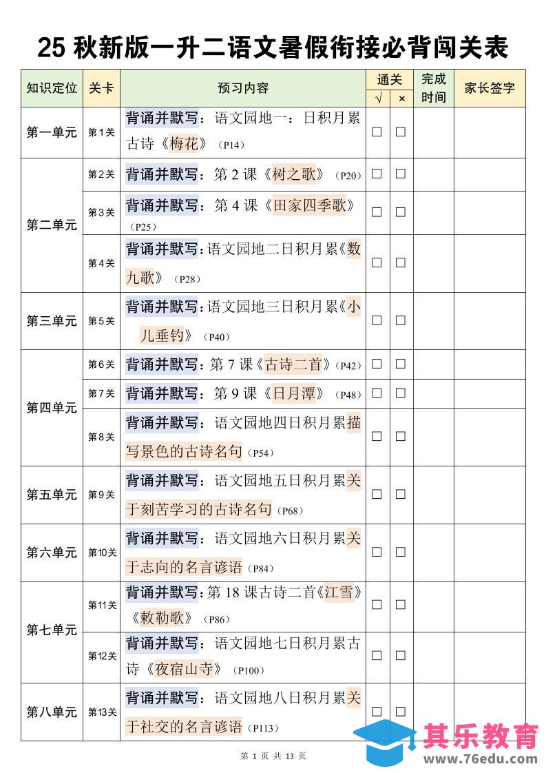 图片[1]-二上语文暑假衔接必背闯关表-985文库