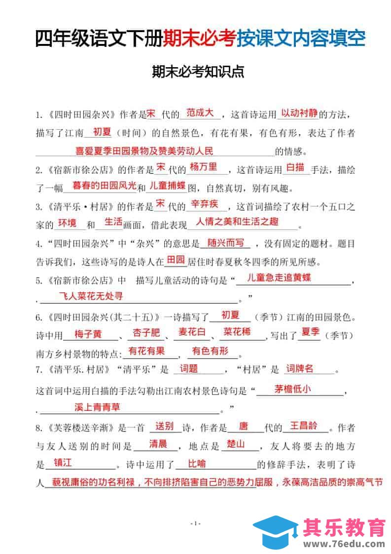 图片[1]-四年级下语文期末常考易考课文古诗词填空-985文库