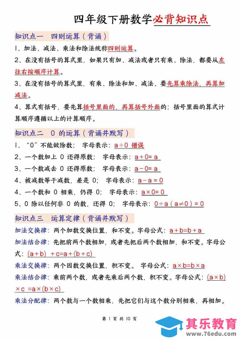 图片[1]-四年级下数学必背知识点,《人教版》-985文库