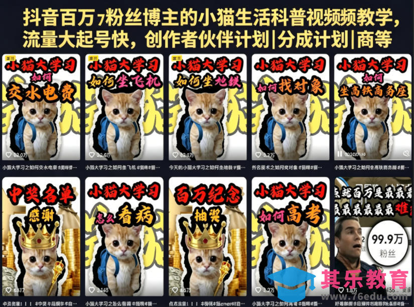 抖音百万粉丝博主的小猫生活科普视频教学，流量大起号快，创作者伙伴计划|分成计划|商单|收徒等-第1张图片-我要自学网