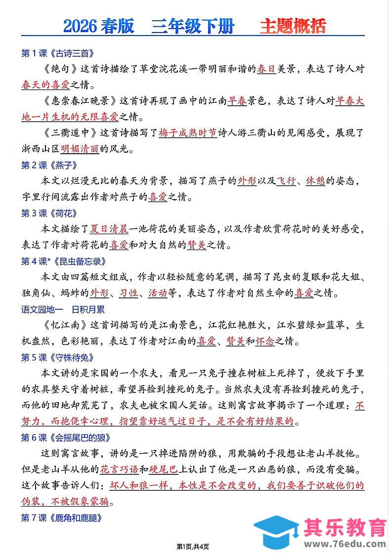 图片[1]-26春三年级下语文每课主题概括-985文库