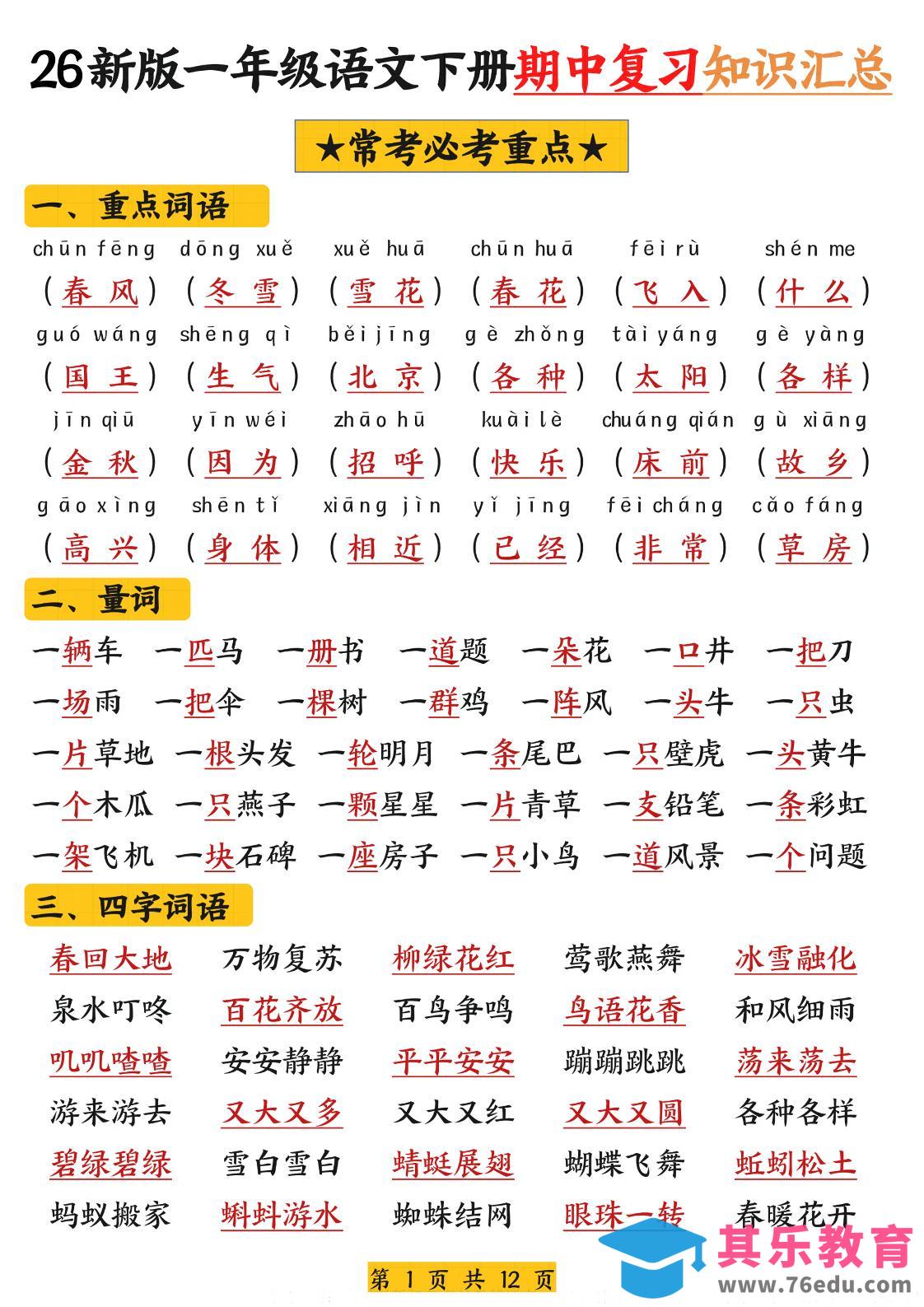 图片[1]-26新版一年级语文下册期中复习知识汇总-985文库