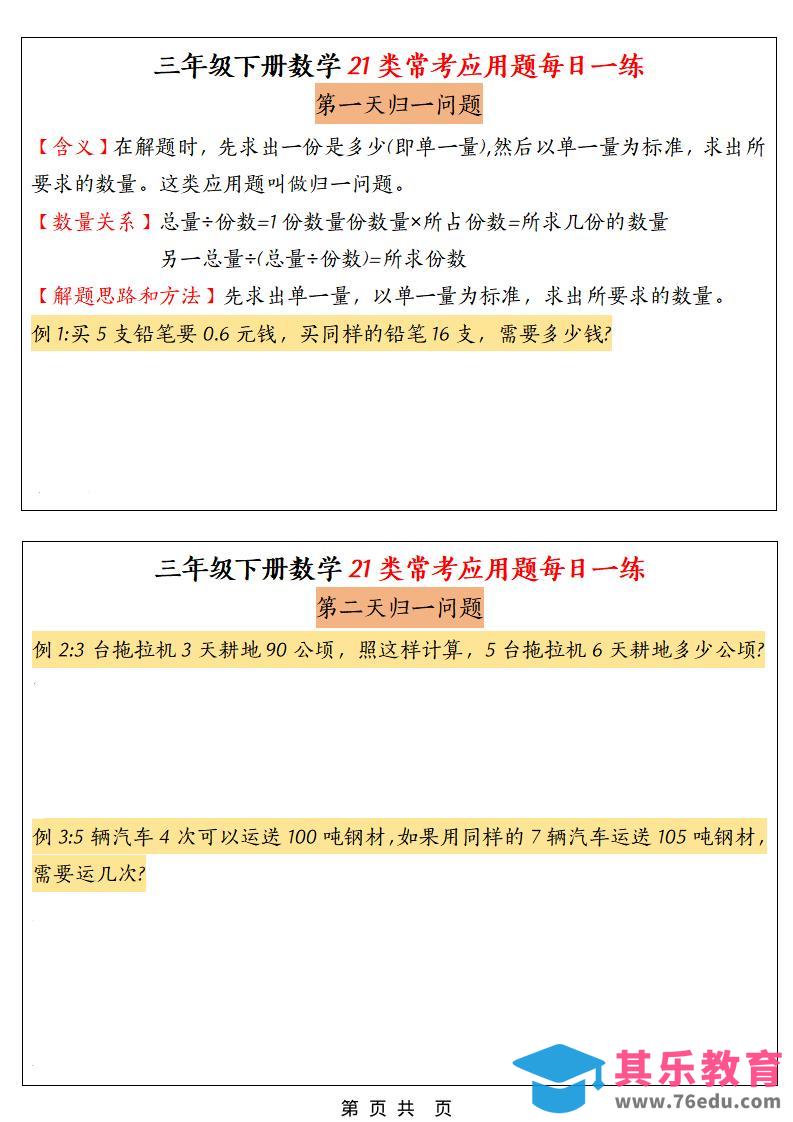 图片[1]-三年级下数学21类常考应用题每日一练-985文库