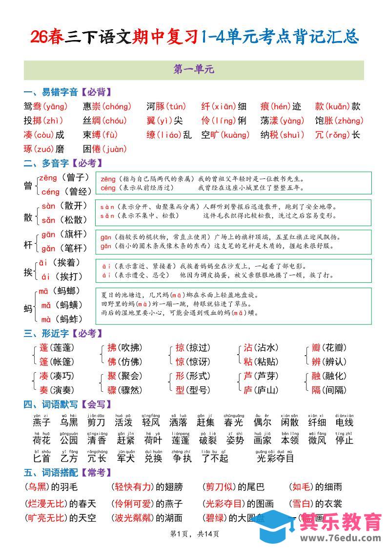 图片[1]-三年级下语文期中复习1-4单元考点背记汇总-985文库
