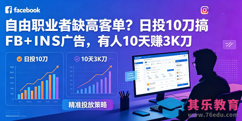 自由职业者缺高客单？日投10刀搞FB+INS广告，有人10天赚3K刀！【原创双语字幕】-第1张图片-我要自学网