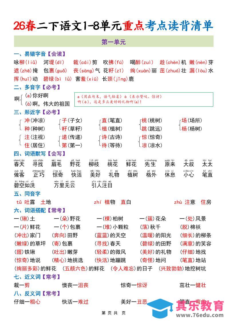 图片[1]-二年级下语文1-8单元重点考点读背清单-985文库