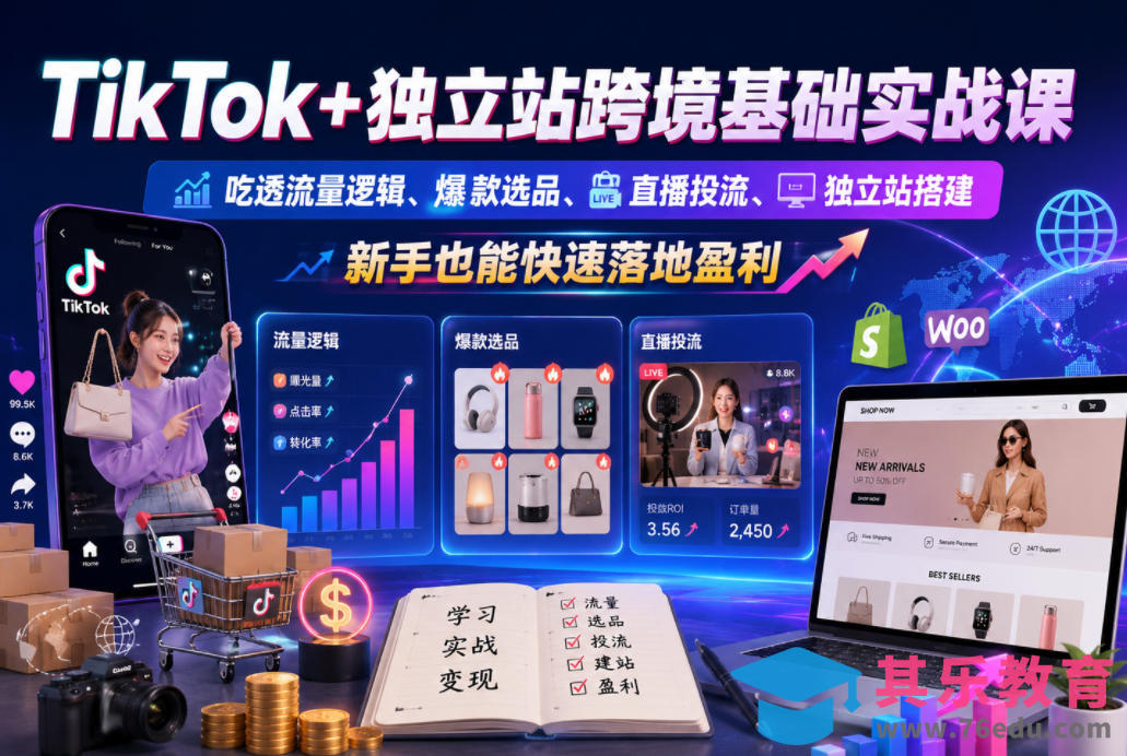 TikTok+独立站跨境基础实战课，吃透流量逻辑、爆款选品、直播投流与独立站搭建，新手也能快速落地盈利-第1张图片-我要自学网