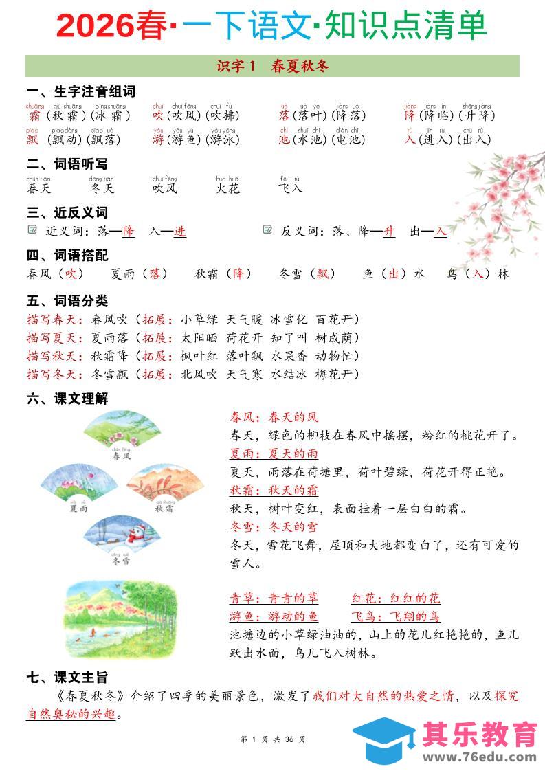 图片[1]-26春一年级下语文期末复习知识点清单-985文库