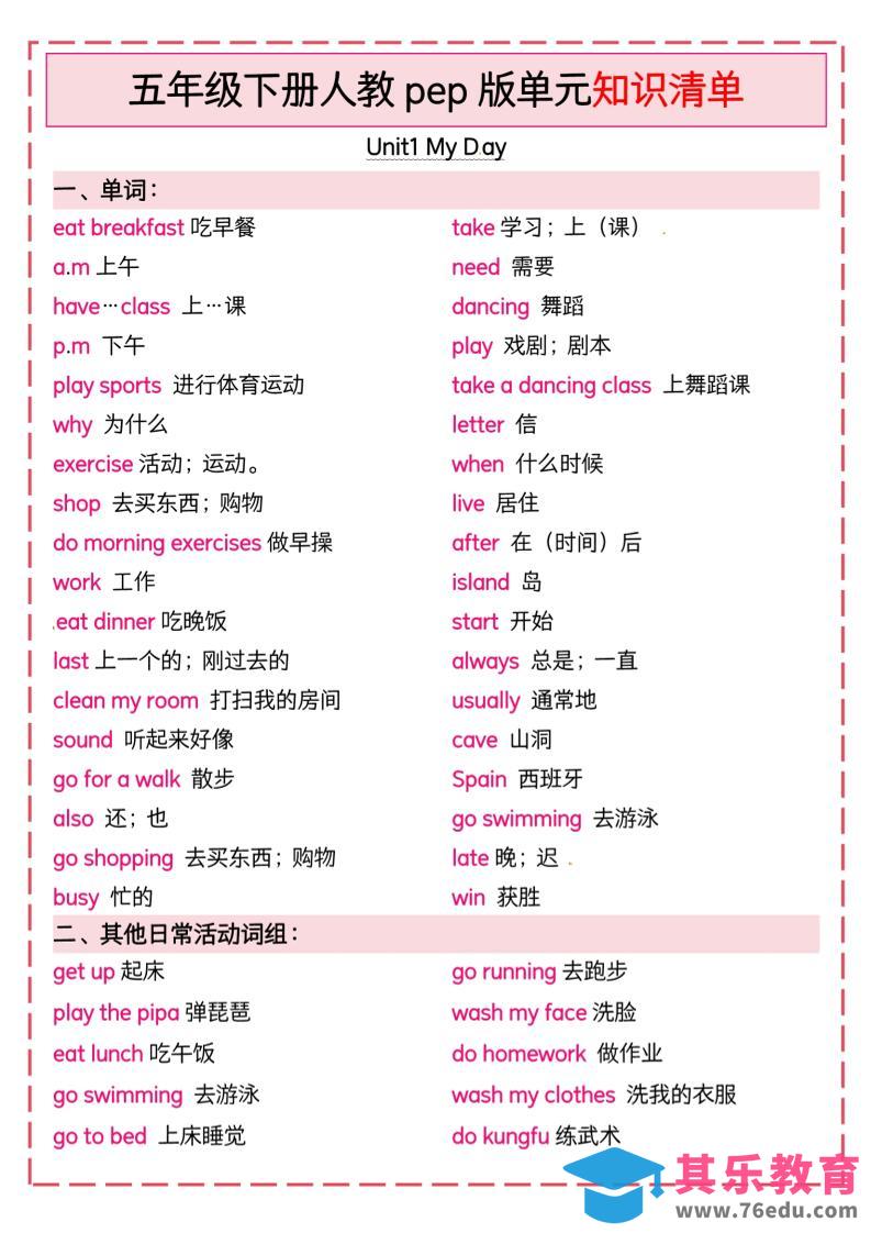 图片[1]-五年级下英语期末复习全册知识点清单《人教版PEP》-985文库