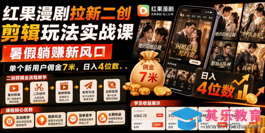 红果漫剧拉新二创剪辑玩法实战课，暑假躺賺新风口，单个新用户佣金7米，日入4位数-第1张图片-我要自学网