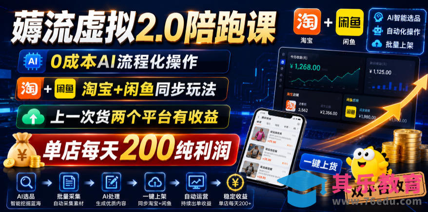 薅流虚拟2.0陪跑课,0成本AI流程化操作,淘宝+闲鱼同步玩法,上一次货两个平台有收益,单店每天200纯利润-第1张图片-我要自学网 薅流虚拟2.0陪跑课,0成本AI流程化操作,淘宝+闲鱼同步玩法,上一次货两个平台有收益,单店每天200纯利润-第1张图片-我要自学网
