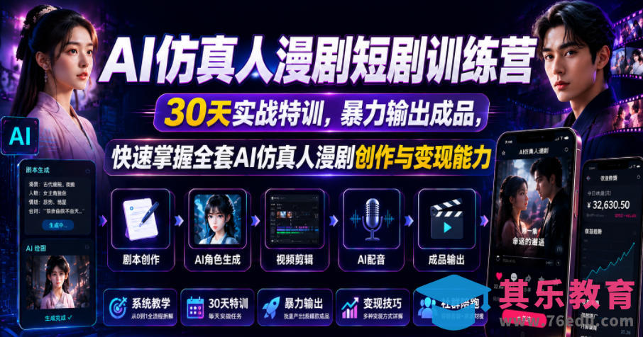 AI仿真人漫剧短剧训练营，30天实战特训，暴力输出成品，快速掌握全套AI仿真人漫剧创作与变现能力-第1张图片-我要自学网