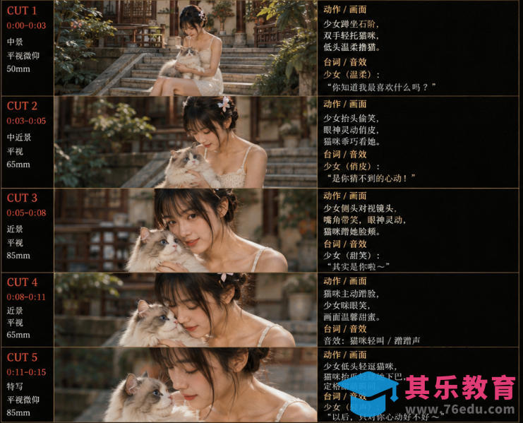 美女和猫故事提示词，人物一致性提示词+故事板-第2张图片-我要自学网