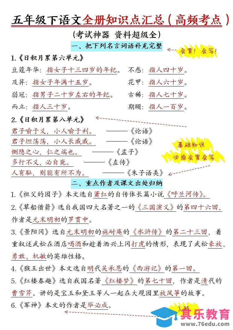图片[1]-五年级下语文期末全册知识点汇总高频考点-985文库