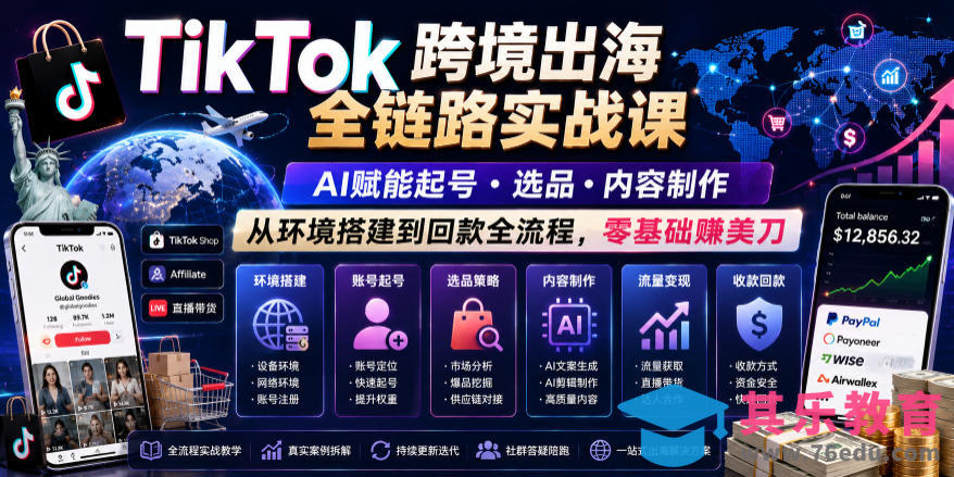 TikTok跨境出海全链路实战课，AI赋能起号・选品・内容制作，从环境搭建到回款全流程，零基础賺美刀-第1张图片-我要自学网