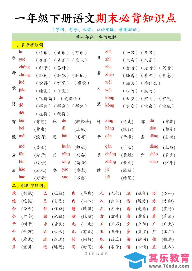 图片[1]-26春一年级下语文期末必背知识点-985文库