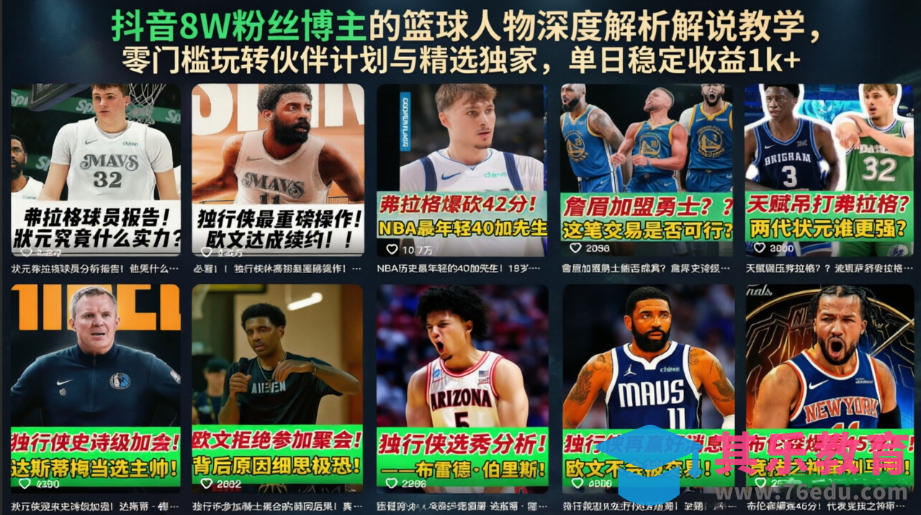 抖音8W粉丝博主的篮球人物深度解析解说教学，零门槛玩转伙伴计划与精选独家，单日稳定收益1k+-第1张图片-我要自学网