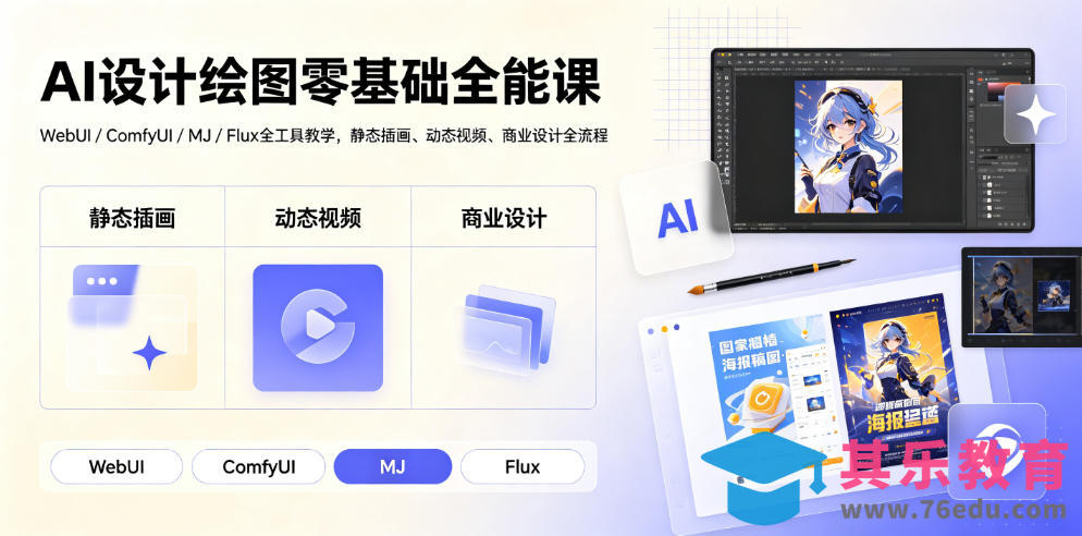AI设计绘图零基础全能课｜WebUI/ComfyUI/MJ/Flux全工具教学，静态插画、动态视频、商业设计全流程-第1张图片-我要自学网