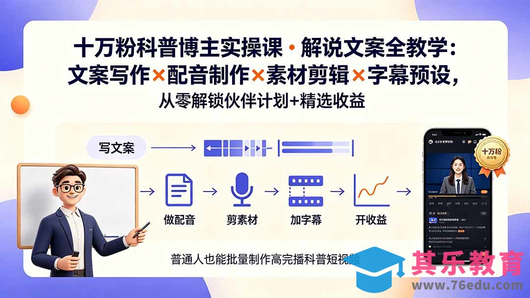 10万粉科普博主实操课-解说文案全教学：文案写作×配音制作×素材剪辑×字幕预设，从零解锁伙伴计划+精选收益-第1张图片-我要自学网