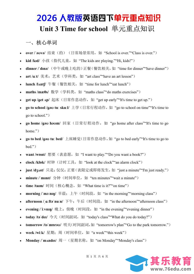 图片[1]-四年级下英语Unit3重点知识汇总《人教版PEP》-985文库
