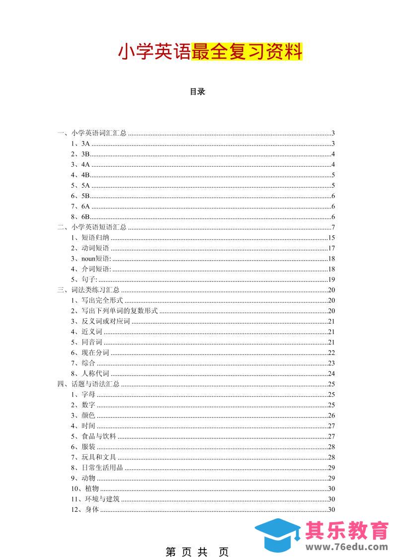 六年级下英语最全复习资料（单词、短语、语法、主题）-高考之家